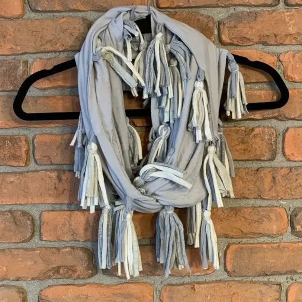 Tonle Sustainable Gray White Tassel Fringe Scarf Boho Wrap